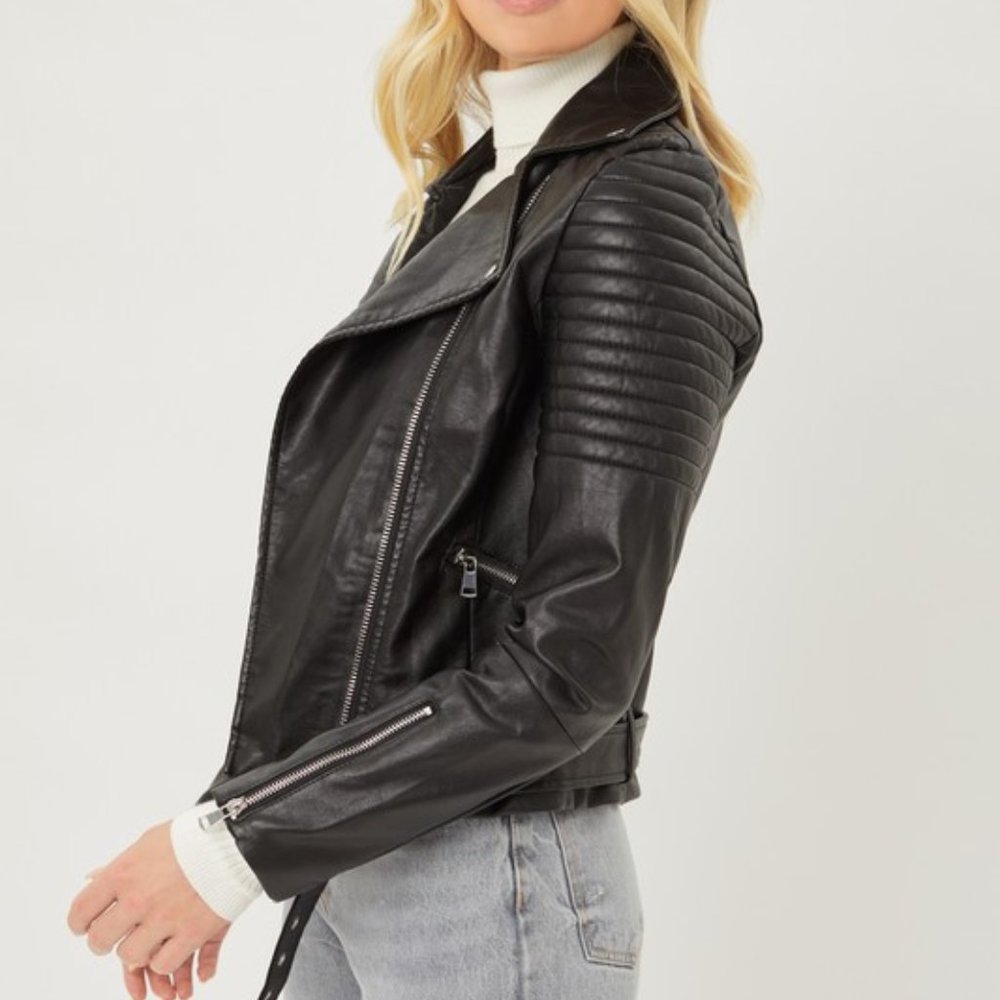 *RESTOCKED* Faux Leather Biker Moto Jacket, Black - Picture 2 of 5